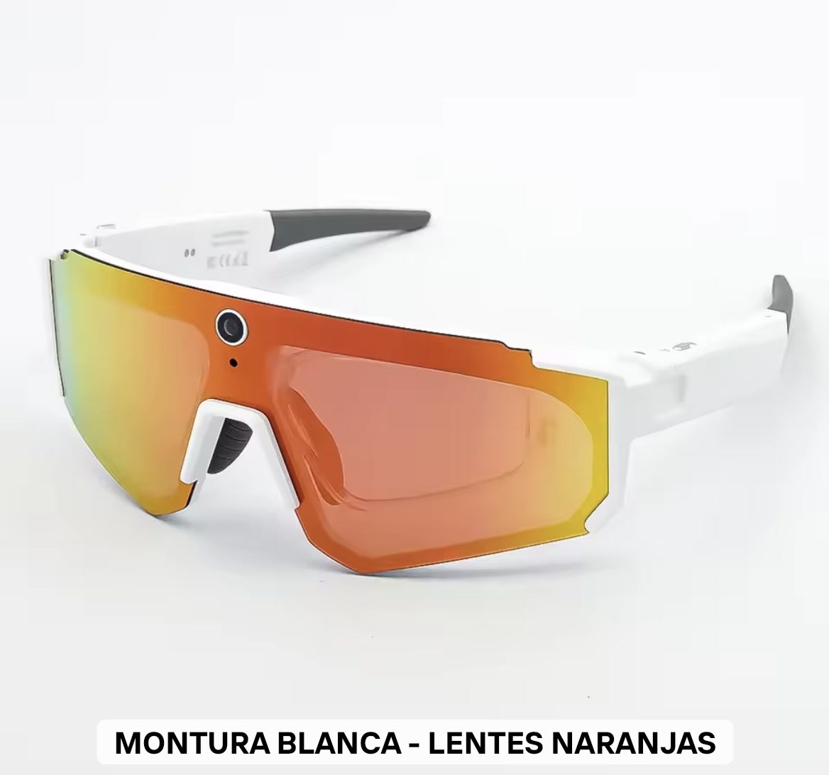Gafas Deportiva Ciclismo — montura blanca lentes naranjas espejo